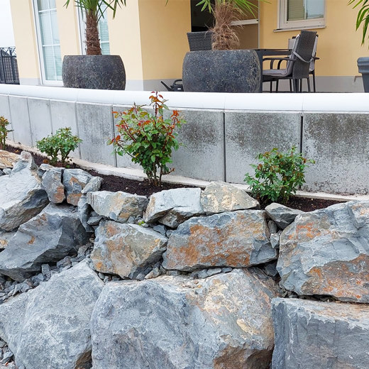 Sitzmöbel und Pflanzen stehen auf der Terrasse.